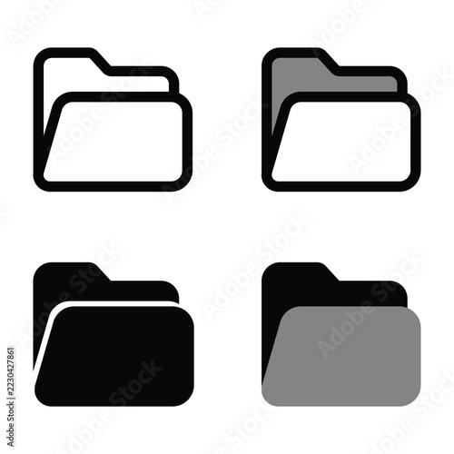 Open folder icon set illustration, vector file folder in outline, solid and two-tone styles for file organization and document management 