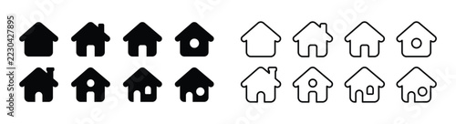 Home icon set illustration, vector house symbols with chimney, door and window in solid and outline styles for real estate and web navigation