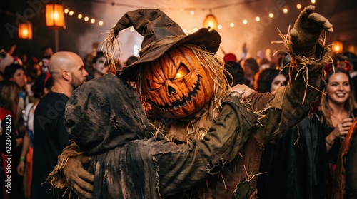 Pumpkin headed scarecrow in witch hat dancing among guests at Halloween party
