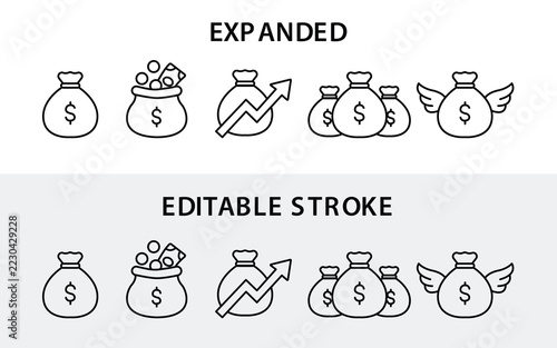 Money bag icon set, vector line icons with editable stroke for savings, profit growth, wealth and flying money