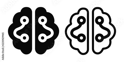 AI brain icon set illustration, vector top view brain with circuit nodes in solid and outline styles for artificial intelligence and technology