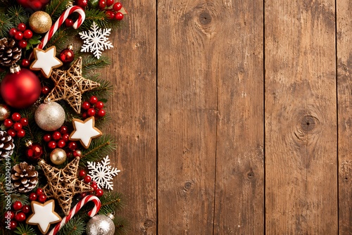 Rustic Christmas Decor on Wooden Planks, Holiday Garland with Red Ornaments, Pinecones, Stars, and Candy Canes