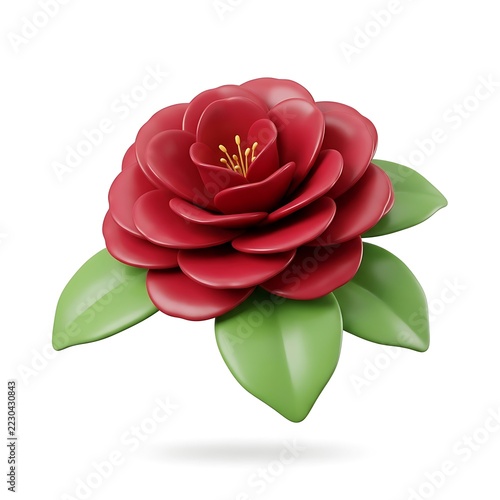 Stylized 3D render of a vibrant red camellia flower with green leaves isolated on white
