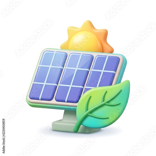 3D render icon of solar panel with sun and green leaf isolated on white background