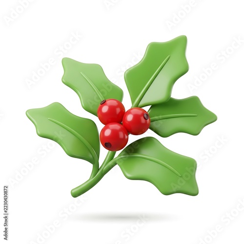 3D render of festive Christmas holly branch with green leaves and red berries on white background