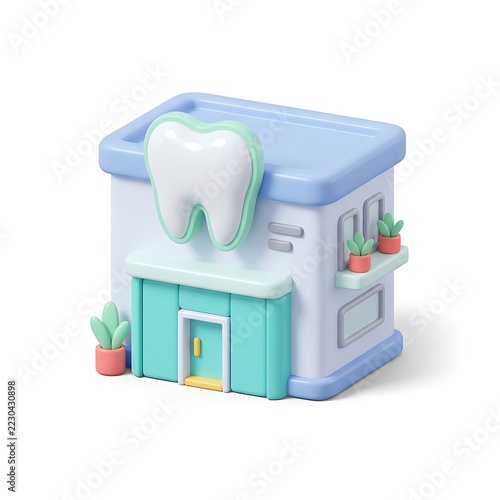 Isometric 3D rendering of a dental clinic building with large molar tooth icon and pastel colors