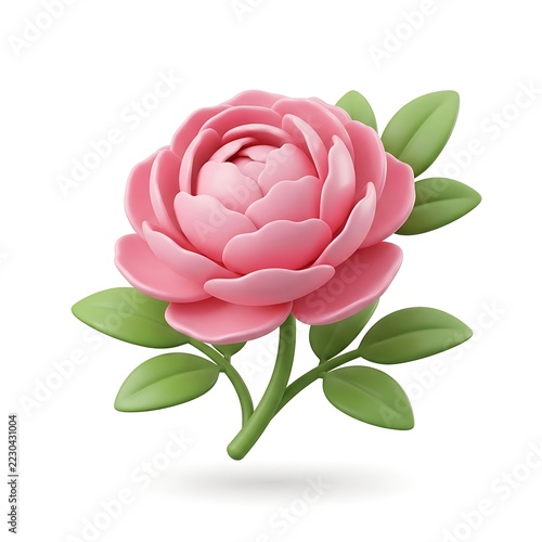 Stylized pink peony flower 3D render with green leaves isolated on white background with soft shadows