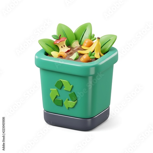3D stylized green recycling bin filled with organic compost waste apple core banana peel on white background