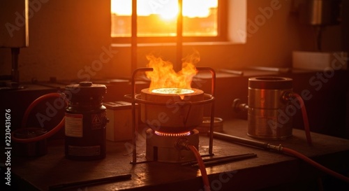 Workshop interior, fiery pot over flame, window backlit by sunset glow, tools on table