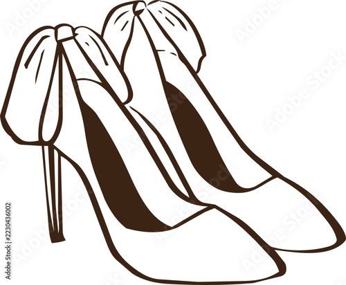 Hand drawn bridal high heel shoes decorated with bows, flowers and flowing ribbons. Elegant wedding footwear line art for bridal, ceremony and invitation designs.