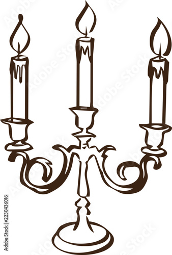 Hand drawn wedding candles with floral and leafy decorations. Elegant candle centerpiece line art for wedding ceremony, romantic decor, invitation and event designs.