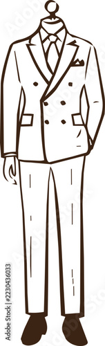 Hand drawn groom in a formal wedding suit with tie and boutonniere. Simple black and white line art illustration for wedding invitations, cards and stationery.
