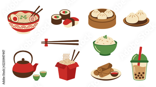 Asian cuisine flat clipart collection with ramen with chopsticks, sushi, dim sum steamer, steamed buns, rice bowl, red teapot and cups, noodle takeout box and boba milk tea isolated on white