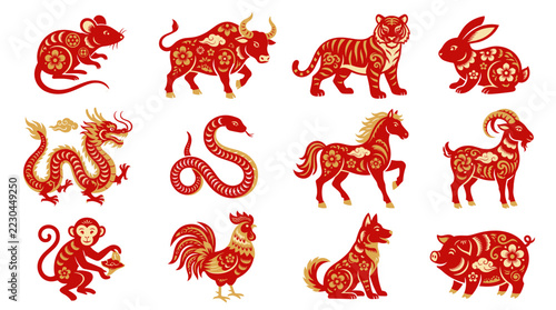 Twelve Chinese zodiac signs red papercut clipart collection with rat, ox, tiger, rabbit, dragon, snake, horse, goat, monkey, rooster, dog and pig with floral cutout patterns isolated on white