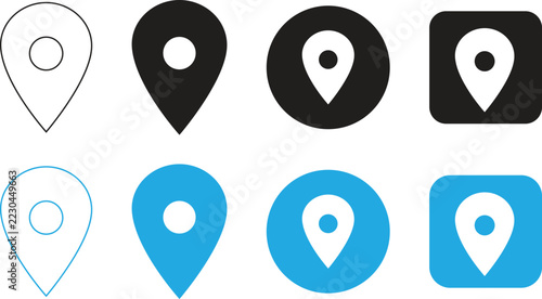 Location Pin Icon Set Featuring GPS Map Markers, Geolocation Symbols, Navigation Pins, Circular Location Badges and Rounded Square App Icons in Outline and Solid Vector Styles