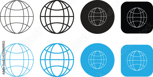 World Globe Icon Set Featuring Global Network Symbols, Earth Globe Illustrations, International Communication Graphics, Circular Badges and Rounded Square App Icons in Black and Blue Outline Styles