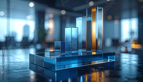 3D Bar Chart in Modern Office: A sleek, modern 3D bar chart crafted from glass and illuminated with blue and gold light, stands on a polished surface in a blurred office environment.