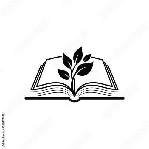 Open book with growing leaf illustration symbolizing knowledge growth