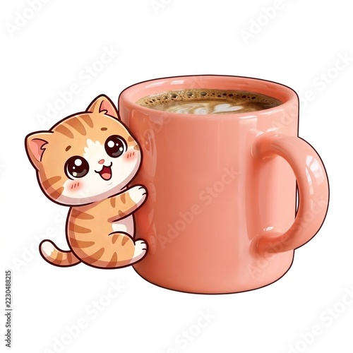 Illustrated Ginger Kitten with Photographic Coral Mug, Creative Collage for Coffee Shop Stickers, Isolated on White Background
