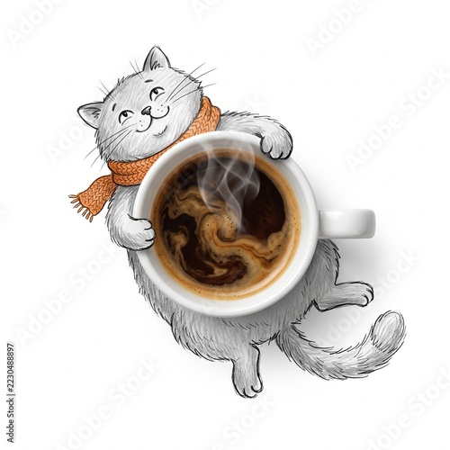Illustrated Cat with Photographic Coffee Cup, Overhead Collage for Autumn Menus, Isolated on White Background