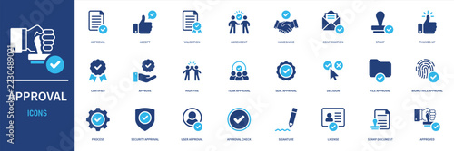 Approval Icon Set, Document Validation, Verified Agreement, Certified Badge, Security Check, User Authorization and Approved Business Process Symbols