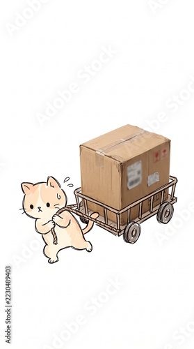 Illustrated Kitten with Photographic Parcel, Creative Collage for Shipping Notifications, Isolated on White Background