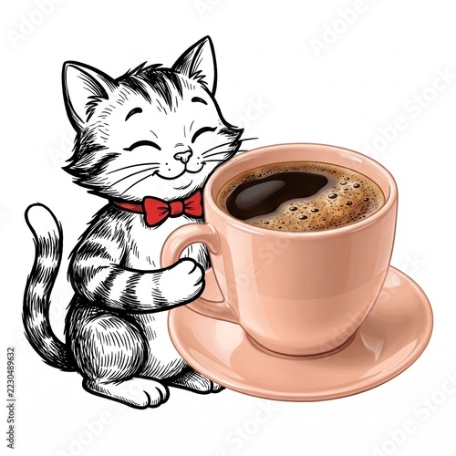 Illustrated Cat Hugging Photographic Coffee Cup, Creative Collage for Morning Cards, Isolated on White Background
