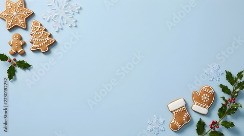 Gingerbread cookies holly snowflakes holiday decoration flat lay