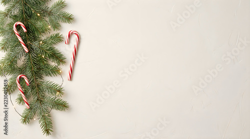 Candy cane garland on fresh green fir branch holiday decoration