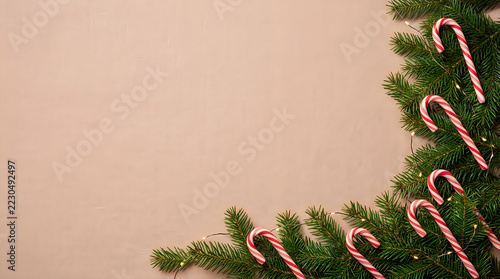 Pink candy canes on green fir branch holiday decoration