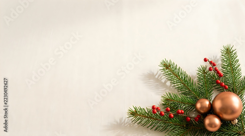 Elegant Christmas greenery with berries and gold baubles on soft white background