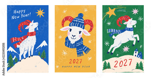 Fotografie 2027 chinese new year greeting cards with playful goats illustrations