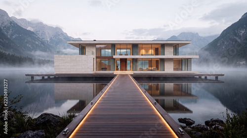 Luxury Modern Lake Home with Illuminated Wood Walkway and Glass Facade Surrounded by Misty Mountains with Calm Water Reflections and Minimalist Design