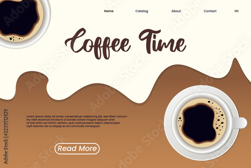 A homepage design templates for coffee shops in light and brown themes. Ready-made layouts with space for text, menus, and coffee lover's essentials.