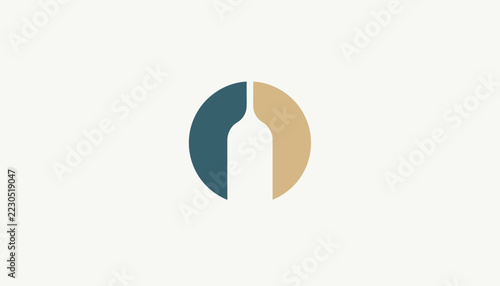 Minimalist wine bottle logo design featuring a white silhouette inside a split circle of dark teal and beige colors on a light off-white background.