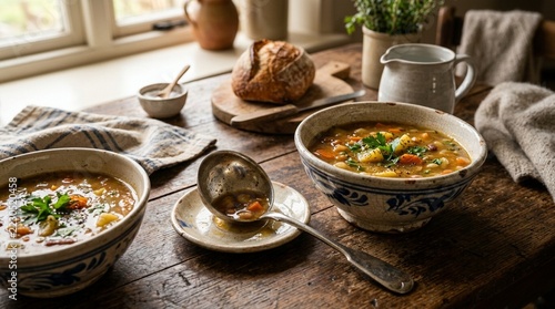 Hearty Vegetable Soup Bowls with Crusty Bread on Rustic Wooden Table