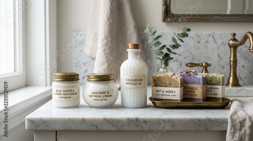 Natural Soaps, Lotions and Apothecary Bottles on Marble Countertop