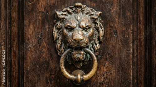 Ornate Lion Head Door Knocker on Aged Wooden Door
