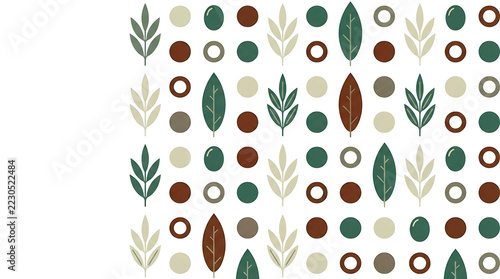 Seamless botanical pattern featuring abstract geometric leaves and colorful dots in earthy green and brown tones on white, flat vector illustration style
