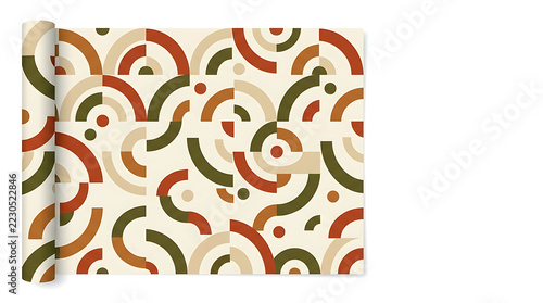 Seamless mid century modern abstract pattern with geometric arches and circles in earthy tones of rust red olive green and beige, flat vector illustration style