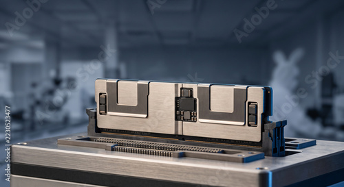 Enterprise server memory module with metal heat spreader in a motherboard testing slot for quality control and advanced data center semiconductor manufacturing