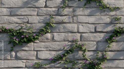Rustic stone wall adorned with ivy and purple flowers offers a serene backdrop for traditional design themes and historical concepts