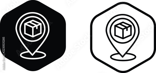 Parcel location pin with package box inside hexagon for tracking