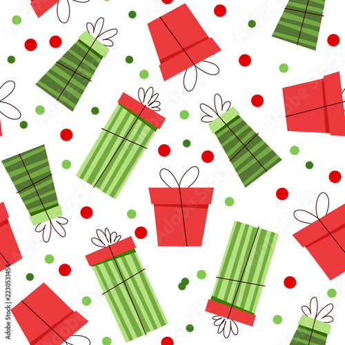 Seamless Christmas Pattern with Colorful Gift Boxes and Confetti on White Background