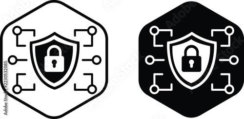 Shield padlock icon with circuit nodes inside hexagon for security