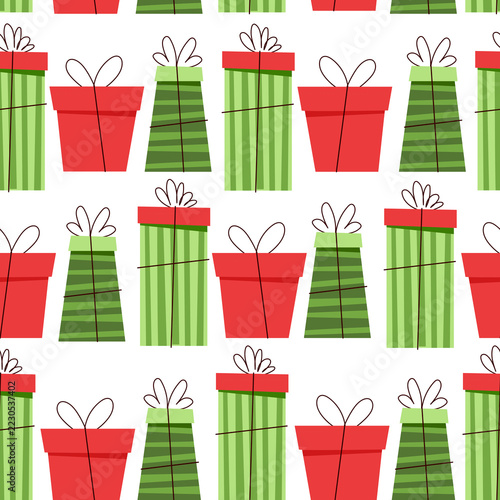 Seamless Christmas Pattern with Colorful Gift Boxes and Ribbons on White Background