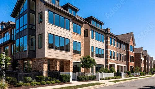 Modern brick townhouse row with large windows and white fences on suburban street