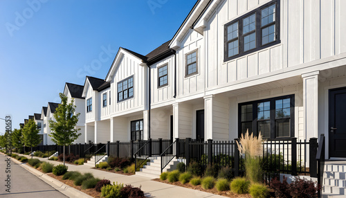 Modern white townhouses with black fences and greenery on suburban street