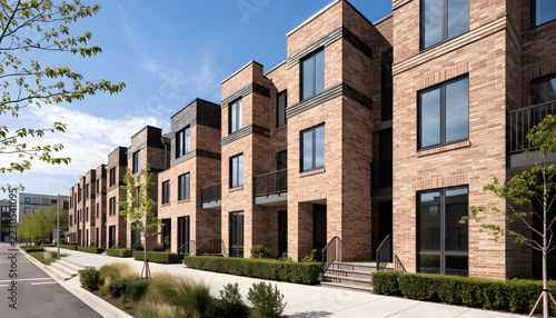 Modern brick townhouses with balconies and large windows lined street