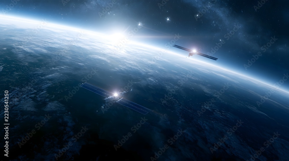 Obraz premium Two satellites orbit Earth against a starry sky showcasing advanced space technology and the curvature of the planet below